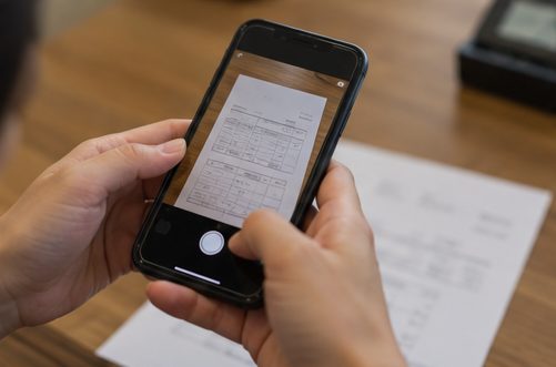 請求書をスマートフォンで撮影する様子
