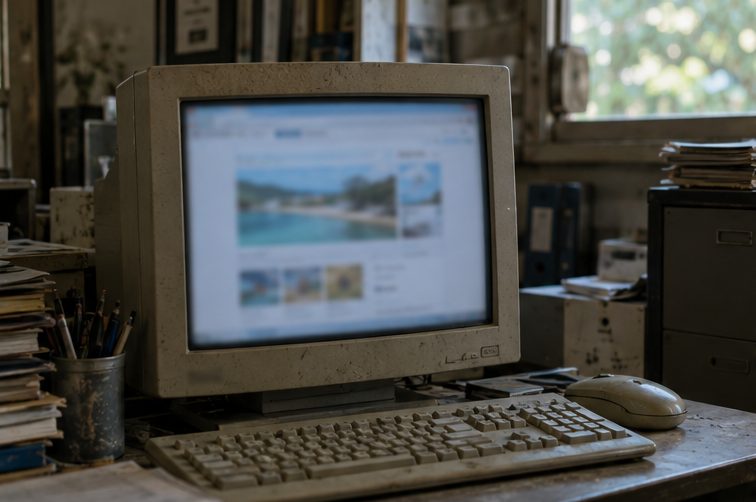 古いパソコンに表示された更新されていないホームページ