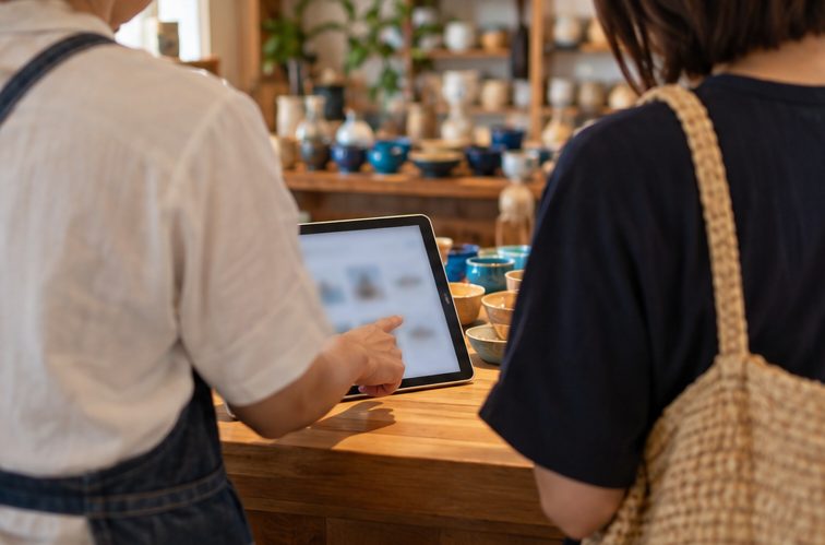 お店のカウンターでタブレットを一緒に確認する様子