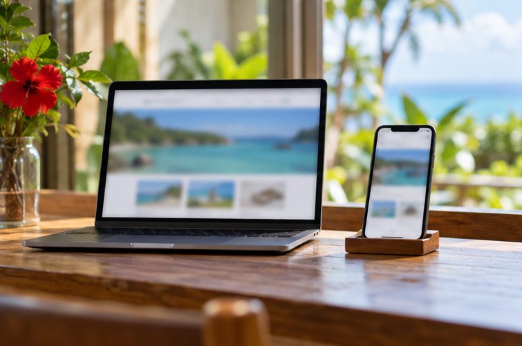 ノートパソコンとスマートフォンに表示されたホームページ（イメージ）
